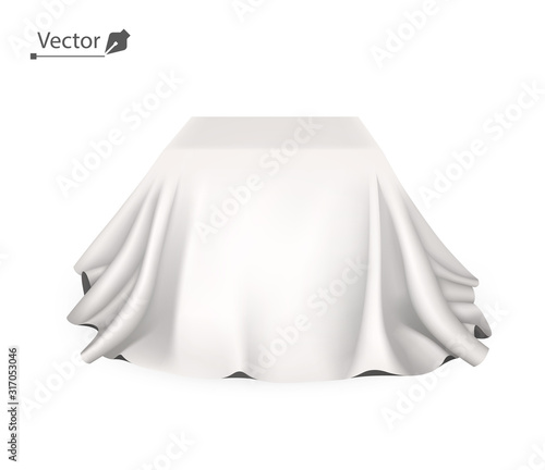 Box covered with white silk cloth. Empty podium, stand with tablecloth to show magic tricks. Secret gift, hidden under satin fabric with drapery and folds.
