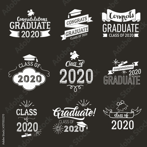 Set of graduation labels. Vector isolated elements for congratulation event, party, high school or college. Awesome lettering Class of 2020 for greeting, invitation card.