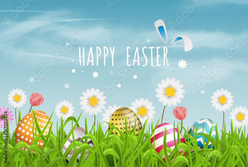 Colorful Easter eggs  line pattern  and spring flowers in grass with beautiful sky. Happy Easter vector background or banner.