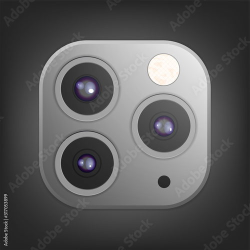 Realistic camera lenses 3D icon isolated on black ambient background. Vector Illustration