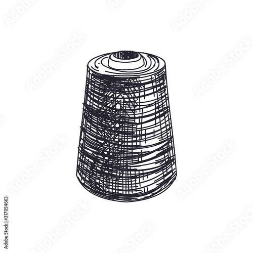 Thread spool hand drawn black and white vector illustration