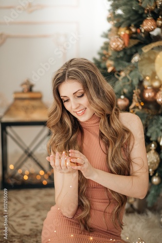 Portrait of beautiful young woman in brown dress with makeup in Christmas decorations © Forewer