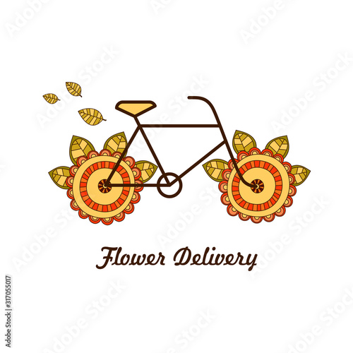Vector stylish contour bicycle with flowers logo or Icon for bike shop or flower delivery business. Flower delivery logo. Fun linear bicycle and flowers logotype on white background.