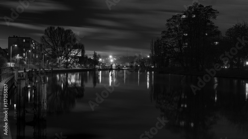 view of the Brda River in Bydgoszcz in black and white