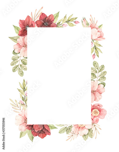 Fototapeta Naklejka Na Ścianę i Meble -  Watercolor botanical illustration. Geometric decor with Pink rose blossom (Gentle rose, bud, branches, green leaves, dry). Spring design. Perfect for wedding invitations, cards, posters, packing