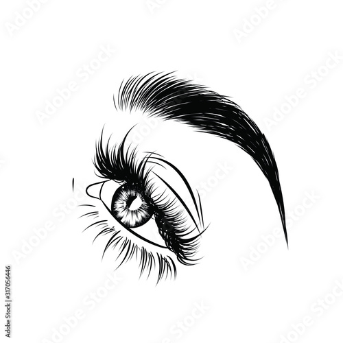 Abstract fashion illustration of the eye with creative makeup. Hand drawn vector idea for business visit cards, templates, web, salon banners,brochures. Natural eyebrows and glam eyelashes