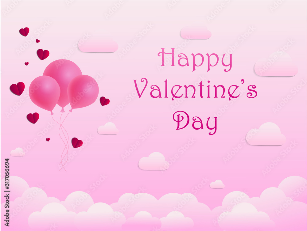 Valentines Day greeting card template with typography text happy valentine`s on pink hearts in frame on background. Vector web site gradient design template. Modern flat illustration.