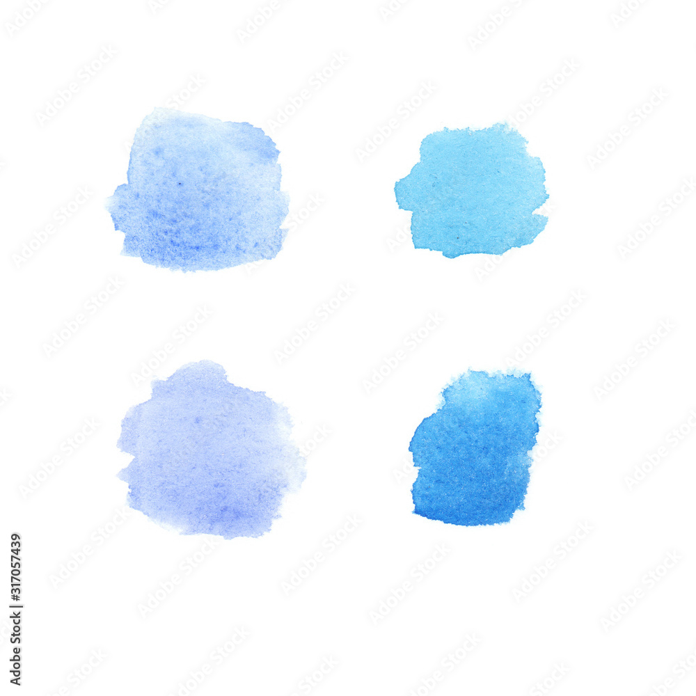 Set of blurry watercolour stains isolated on a white background. Hand drawn watery brush strokes in shades of blue colour.