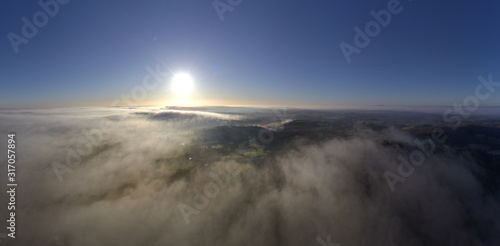 Cornwall countryside aerial panoramic with gorgeous foggy weather