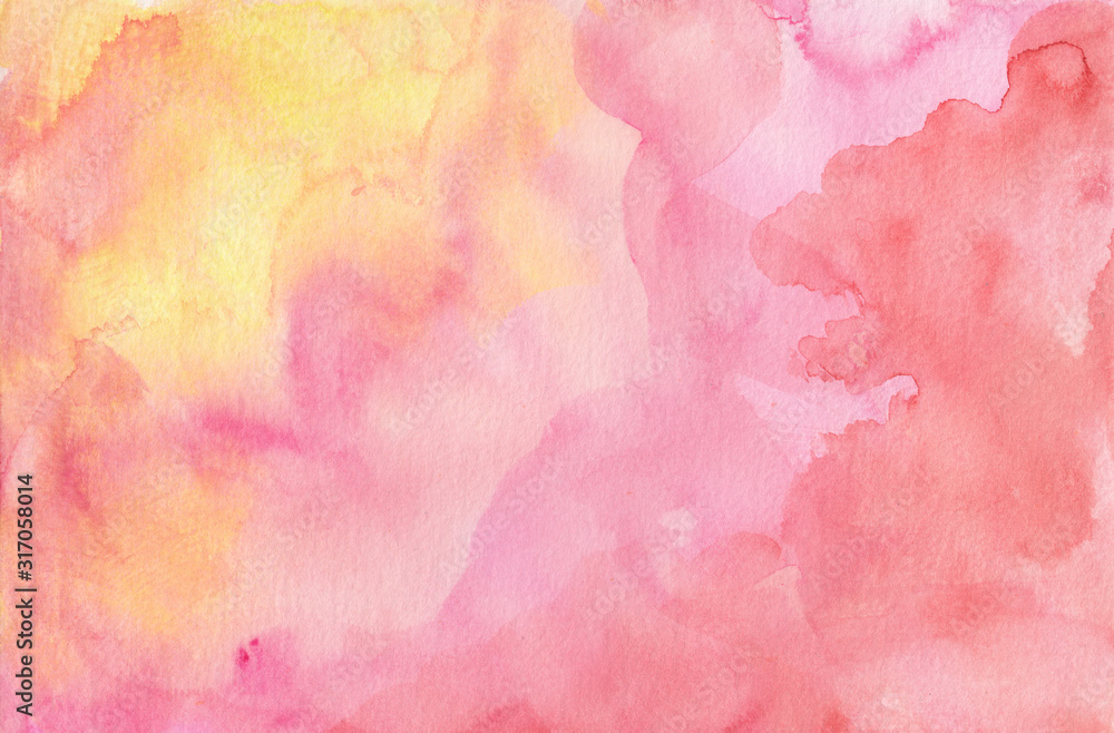 Pink purple red and yellow watercolor paint splash or blotch background with fringe bleed wash and bloom design, blobs of paint and old vintage watercolor paper texture grain - obrazy, fototapety, plakaty 