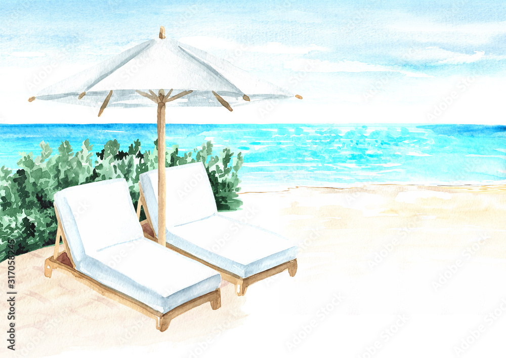 Beach Umbrella and sun loungers on the beach near  the sea, summer vacation concept and background, Hand drawn watercolor illustration