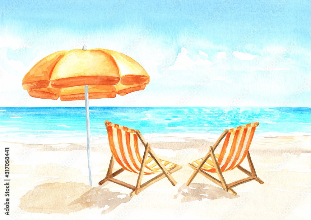 Seascape.Tropical beach with sea, white sand, sun loungers and a beach umbrella, summer vacation concept and background. Hand drawn watercolor illustration