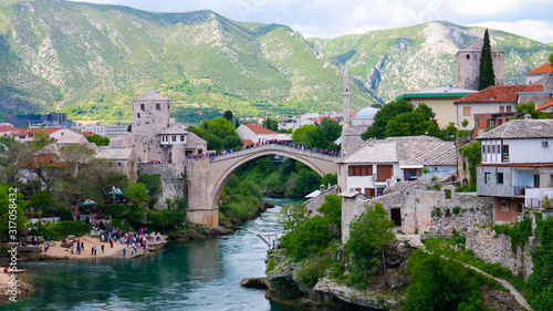 Panorama of The Old town of Mostar and Stari most Bridge, Bosnia and Herzegovina. 