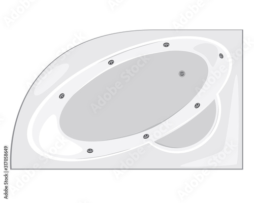 A top view corner bathtub with white enamel and chrome fittings isolated on white background for design, a flat vector stock illustration for a luxurious bathroom with whirlpool