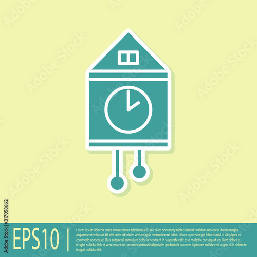 Green Retro wall watch icon isolated on yellow background. Cuckoo clock sign. Antique pendulum clock. Vector Illustration