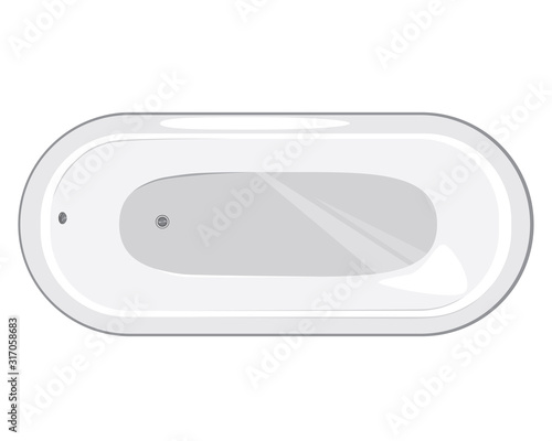 A vintage bathtub with white enamel and chrome fittings top view isolated on white background for design, a flat vector stock illustration for retro bathroom