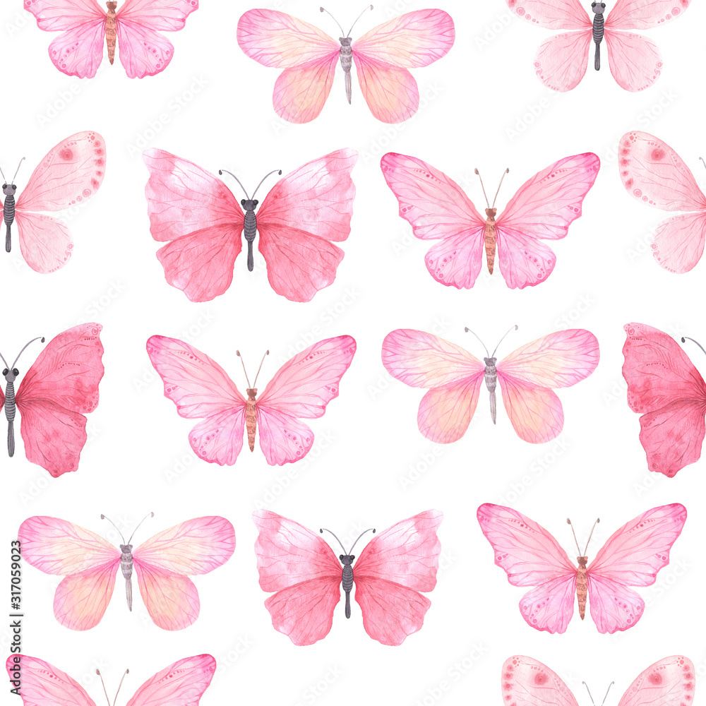 Fototapeta premium Seamless pattern with pink bright watercolor butterflies