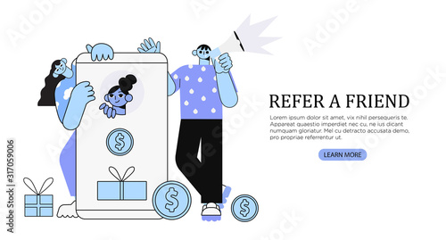 Vector illustration of people standing near smartphone and shouting in loud speaker. Refer a friend, refer and earn, win a prize concept for social media baners, advertising, web design, flyers.