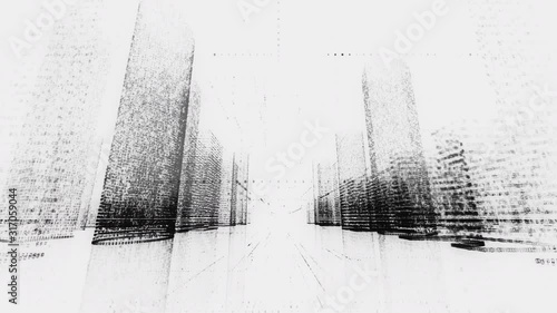 Moving through the monochromatic model of abstract digital city contained of numbers and symbols on white background. Business, communications or digital tech concept. 3d rendering 4k