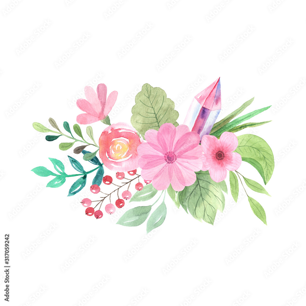 Fototapeta premium Watercolor floral bouquet with flowers, leaves