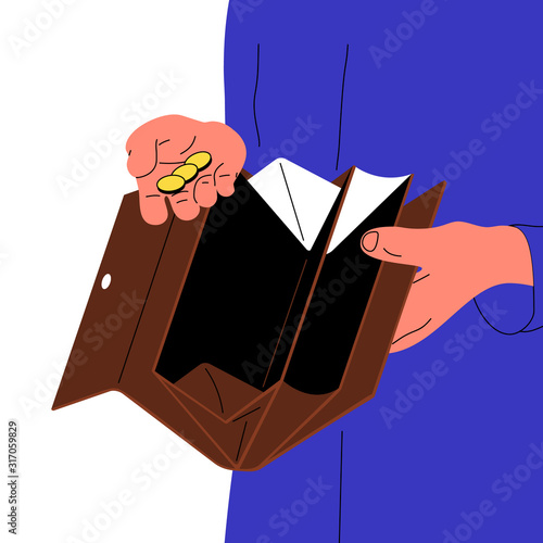 Human caucasian hands holding open empty wallet and few coins. Isolated on white background. Flat style vector illustration.