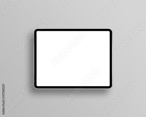 Tablet mockup on minimal background. Modern tablet display mockup scene. Tablet with empty screen. Top view. Photo mockup with clipping path. photo