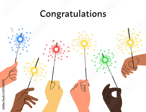 Diversity of hands holding bengal lights. Congratulations text. Blue background. Flat vector illustration.