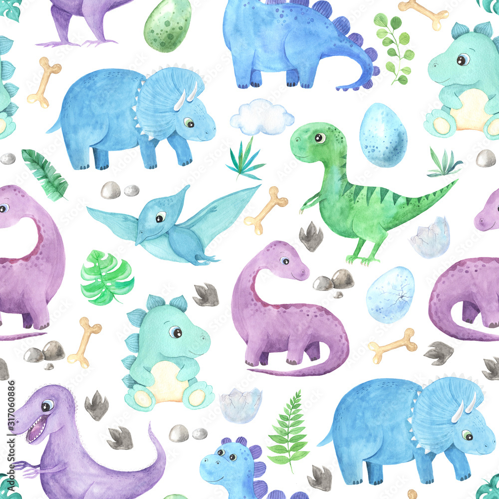 Seamless pattern with watercolor Dinosaurs