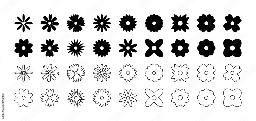 Flowers collection, isolated on white background. Flowers vector icons in flat and linear design. Flowers in a row on white background. Vector illustration