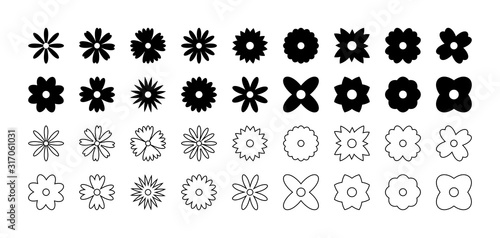 Flowers collection, isolated on white background. Flowers vector icons in flat and linear design. Flowers in a row on white background. Vector illustration
