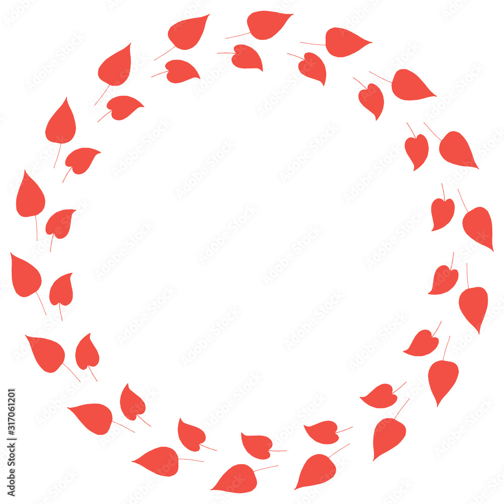 Round frame with horizontal red leaves on white background. Isolated wreath for your design.