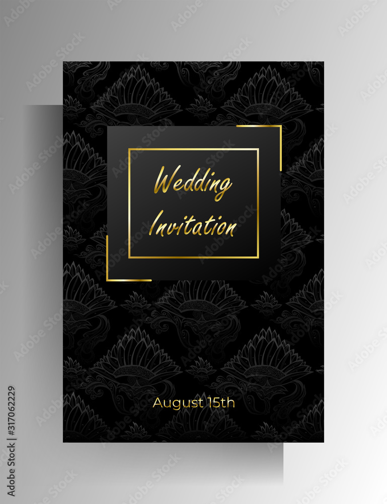 Wedding invitation design. Floral hand painted texture in black color. Vector 10 EPS.