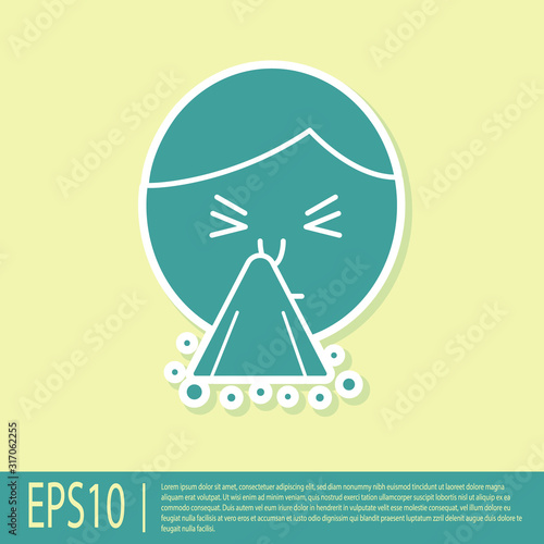 Green Man holding handkerchief or napkin to his runny nose icon isolated on yellow background. Coryza desease symptoms. Vector Illustration
