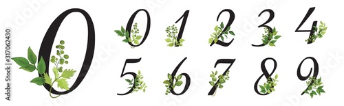 Collection romantic black numbers  with drawn watercolor leaves. Elegant digits  for book design, brand name, wedding invitation thanks card