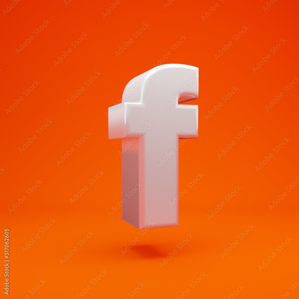 Fototapeta premium Whithe glossy 3d letter F lowercase on hot orange background