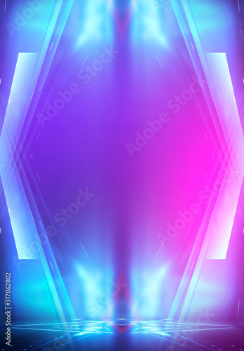 Ultraviolet abstract light. Diode tape, light line. Violet and pink gradient. Modern background, neon light. Empty stage, spotlights, neon. Abstract light.