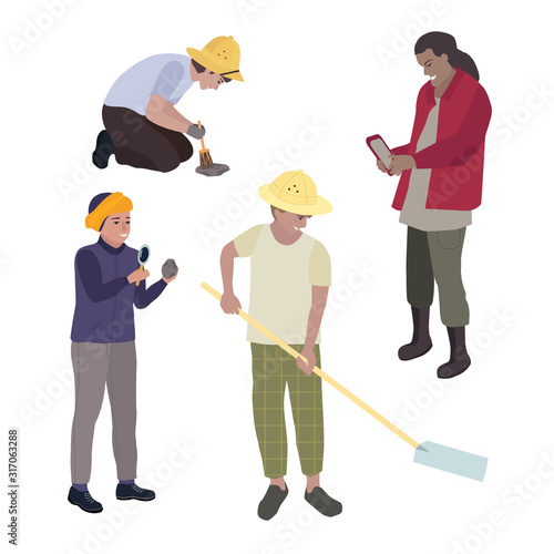 Vector illustration set of 4 archaeologists. People are excavating archaeological sites. A woman is looking through a magnifying glass, a man is digging. Uses a tablet, sweeps the earth with a brush