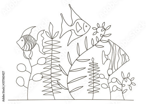 Hand drawing coloring pages for children and adults. A beautiful beautiful coloring book in a linear style. for creativity. Antistress coloring book with tropical fish, algae, ocean, underwater world © Leria Kaleria