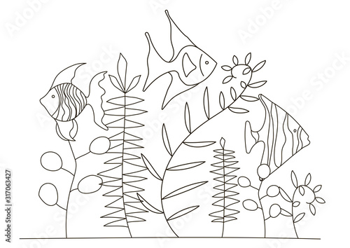 Hand drawing coloring pages for children and adults. A beautiful beautiful coloring book in a linear style. for creativity. Antistress coloring book with tropical fish, algae, ocean, underwater world