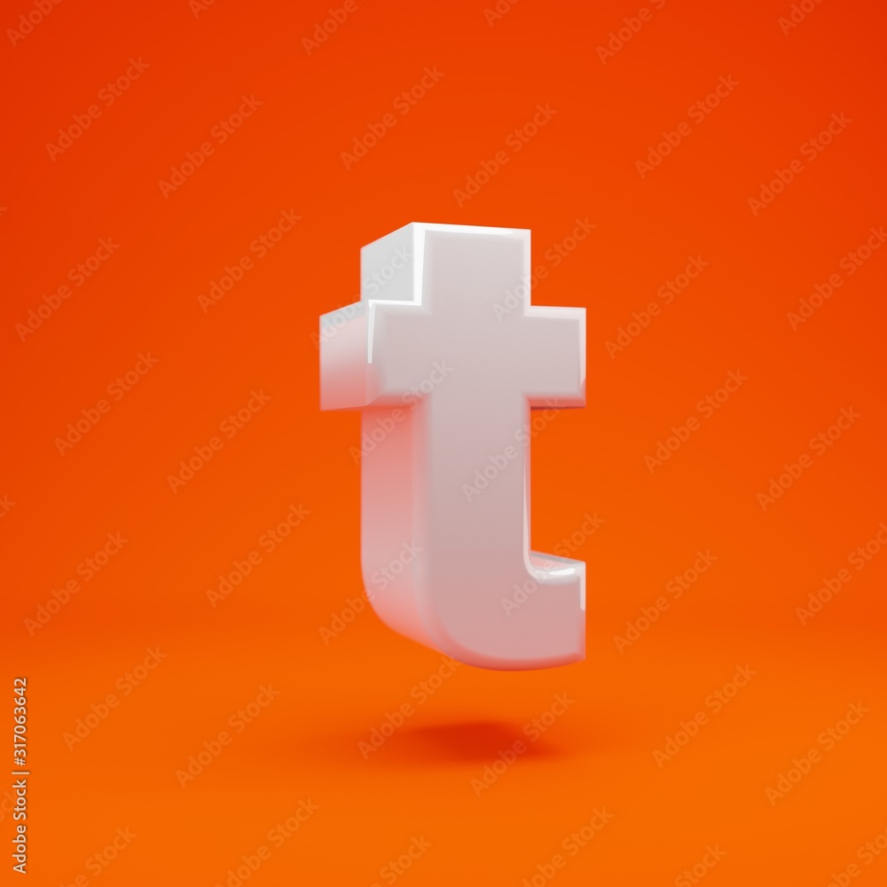 Whithe glossy 3d letter T lowercase on hot orange background. 3D rendering. Best for anniversary, birthday party, celebration. Whithe glossy 3d letter T lowercase on hot orange background. 3D rendering. Best for anniversary, birthday party, celebration.
