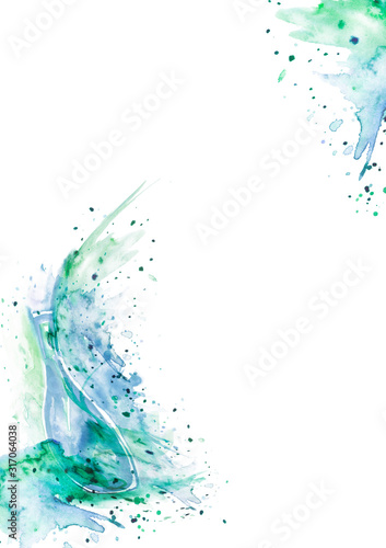 Watercolor bottle with perfume. Hand drawn perfumery illustration. Splash paint, splashes of blue, green, turquoise. Fashion sketch, invitation,Logo. Isolated on white background. The scent of flowers
