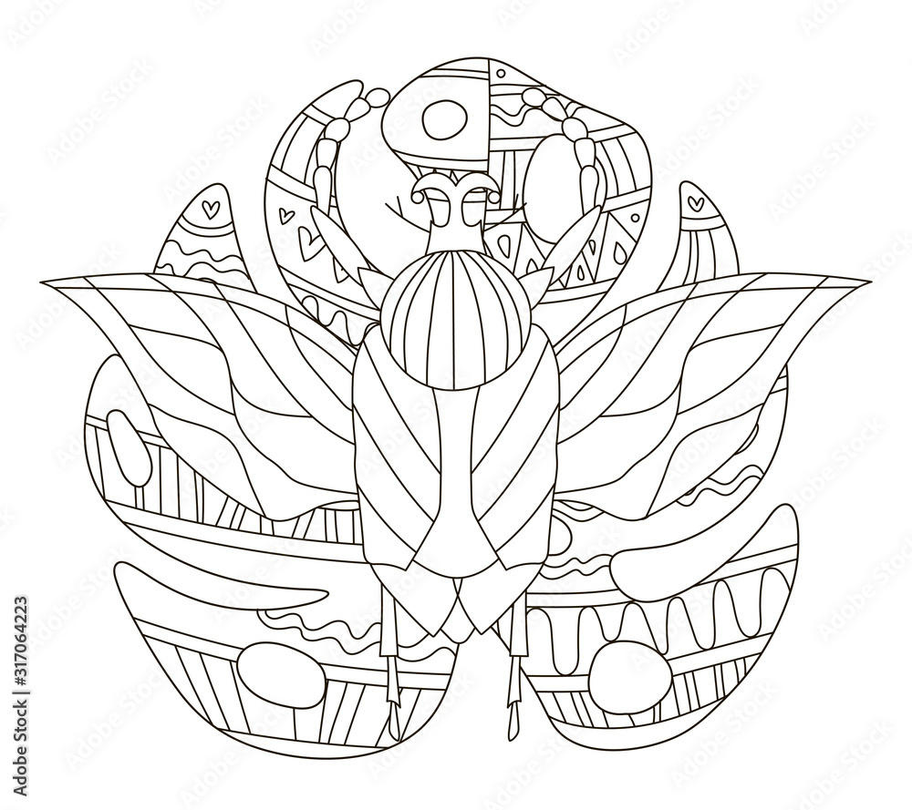 Hand drawing coloring pages for children and adults. A beautiful pattern with small details for creativity. Antistress coloring book with tropical beetle on monstera leaf