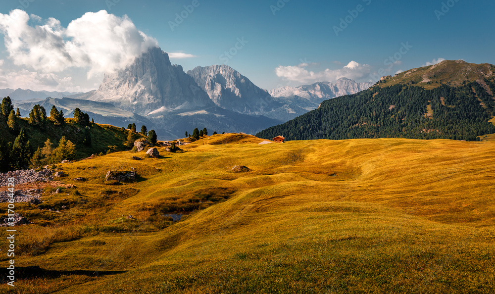 Wonderfu Alpine Landscape in sunny day, Awesome alpine highlands in summer. Amazing Nature Scenery in Dolomites Alps. Beautiful Natural background. Wonderful Nature landscape. Sunny Alpine Valley