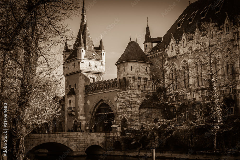 Dark view of old castle, one of the romantic castles in Budapest, Hungary, located in the City Park by the boating lake / skating rink