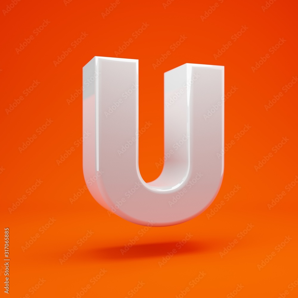 Whithe glossy 3d letter U uppercase on hot orange background. 3D rendering. Best for anniversary, birthday party, celebration. Whithe glossy 3d letter U uppercase on hot orange background. 3D rendering. Best for anniversary, birthday party, celebration.