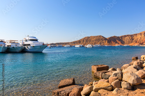 Harbor for tourist ships and diving boats for diving on coral reefs of Red Sea, Sharm el Sheikh, Egypt