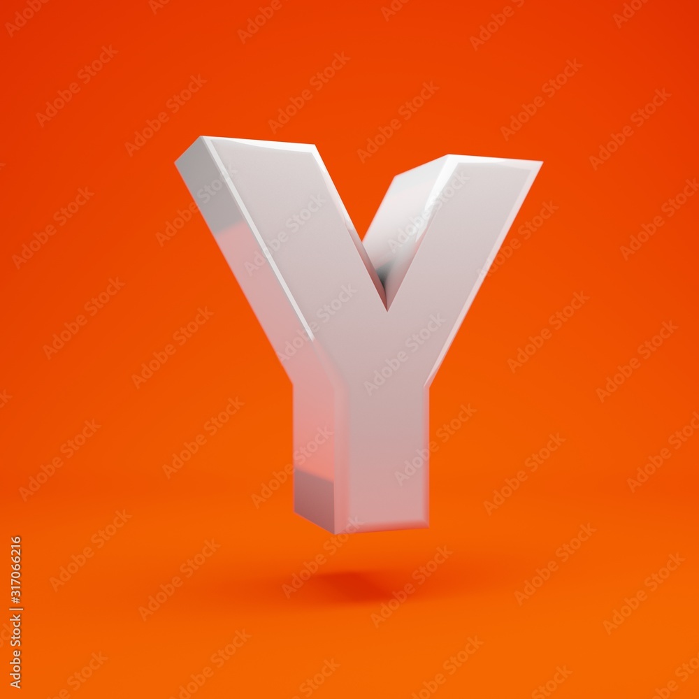 Whithe glossy 3d letter Y uppercase on hot orange background. 3D rendering. Best for anniversary, birthday party, celebration.