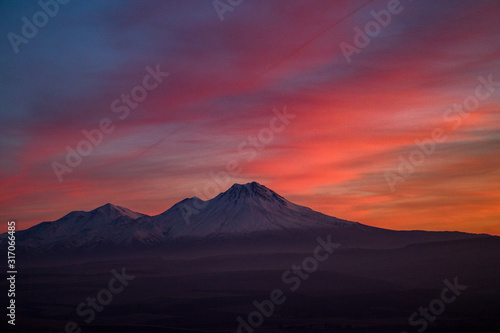 Snowy Mount Hasan Volcano Anatolia Turkey Aksaray Sunset Pink Red Orange Sky