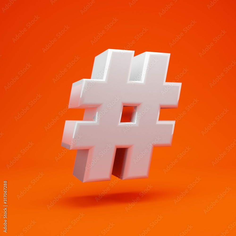 Obraz premium Whithe glossy 3d hashtag symbol on hot orange background. 3D rendering. Best for anniversary, birthday party, celebration.