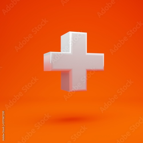 Whithe glossy 3d plus symbol on hot orange background. 3D rendering. Best for anniversary, birthday party, celebration.